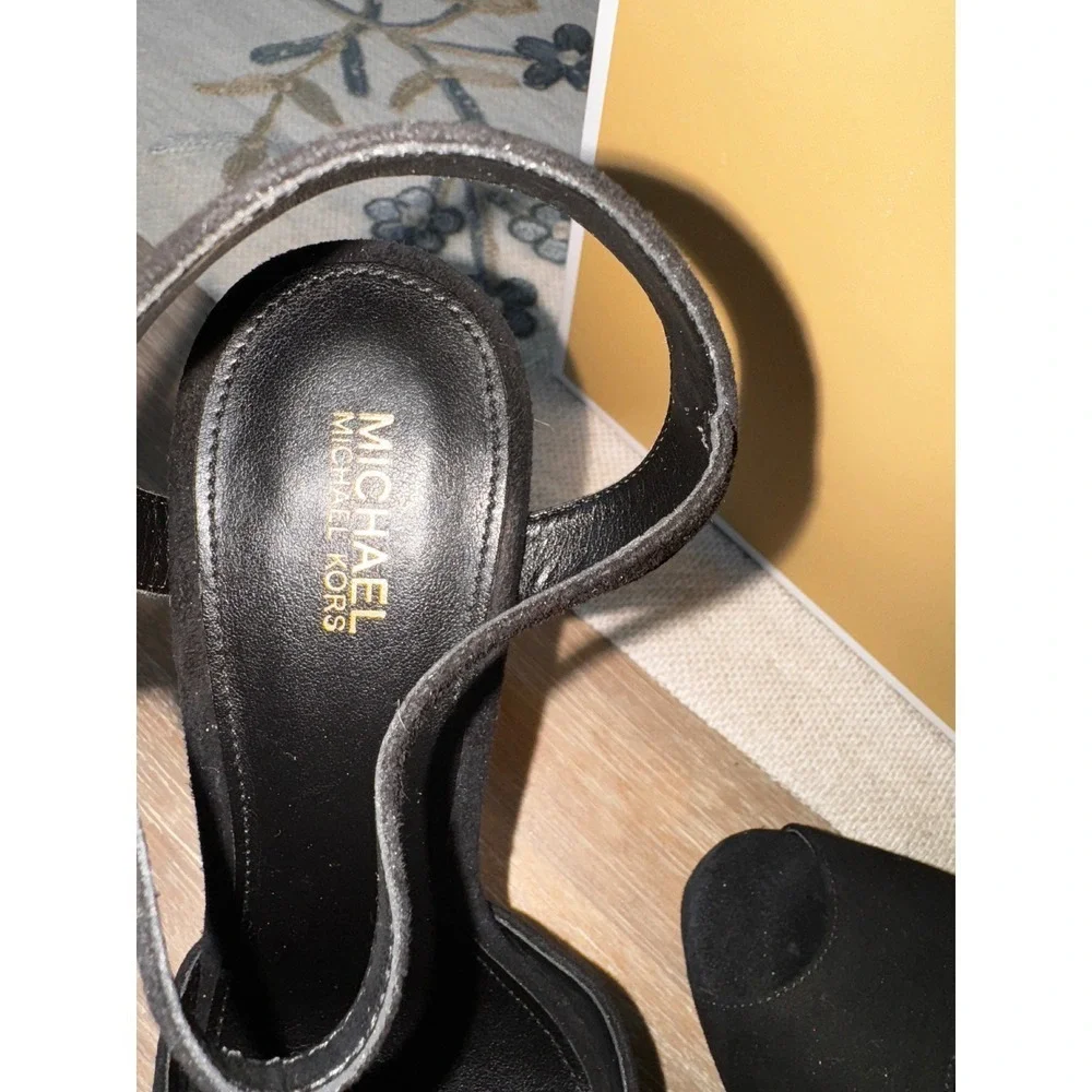 Michael Kors Claire Black Suede Peep Toe Platform Gold‎ Heel Sandals 7M
